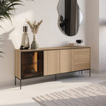 Long display sideboard cabinet with glass door and light oak doors, on slim metal legs