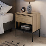 Veya small cabinet with one drawer, open shelf, light oak tone and black metal legs