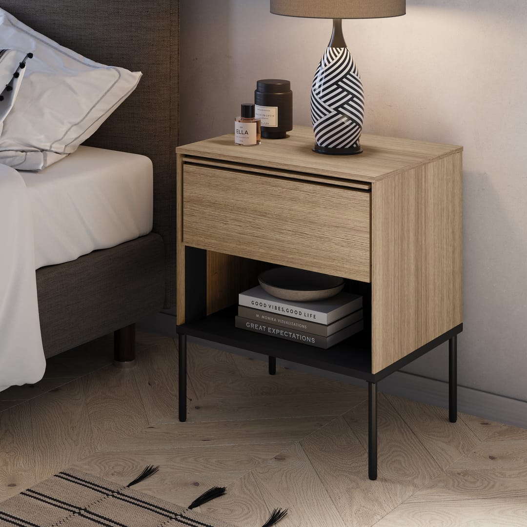 Veya small cabinet with one drawer, open shelf, light oak tone and black metal legs