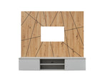 Wooden media wall panel with geometric lines and grey TV console base