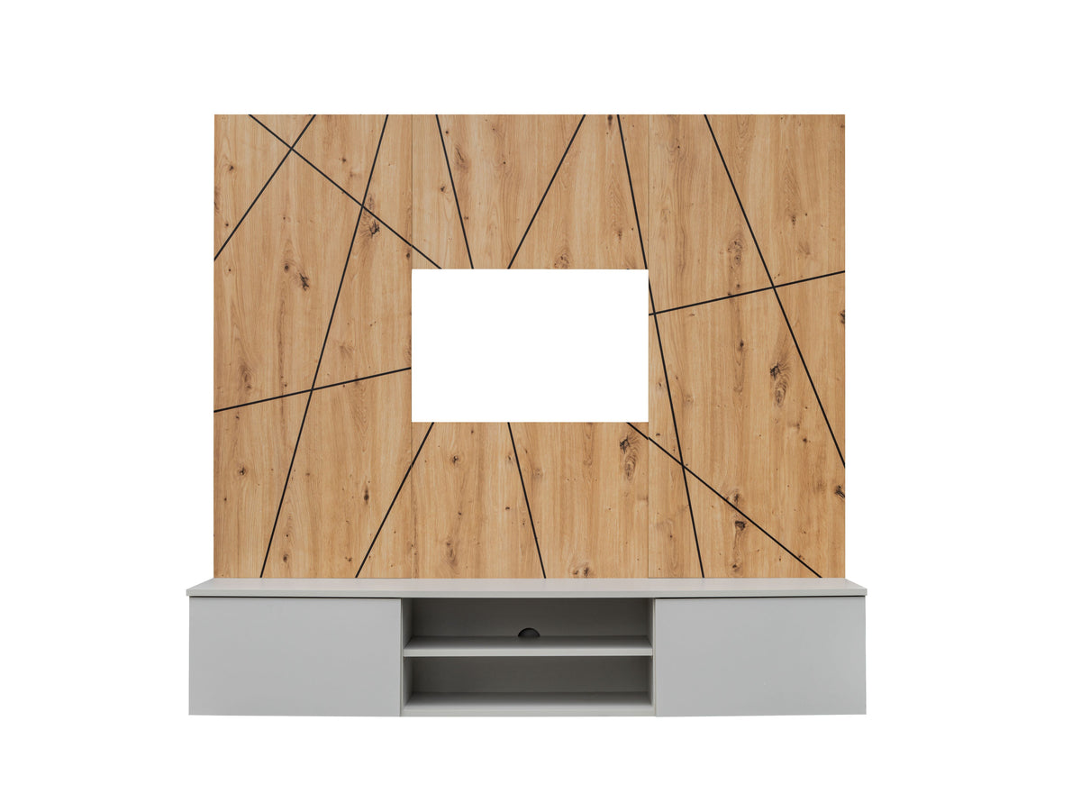 Wooden media wall panel with geometric lines and grey TV console base