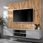 Media wall with wooden panel, TV mount, and grey TV console with open shelf