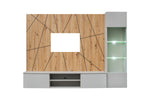 Givi media wall unit with wood panel back and gray TV console, drawers and open shelf