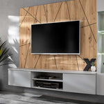 Givi media wall unit with TV mount, gray console, and LED-lit side cabinet in living room