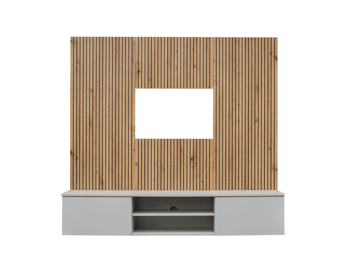 Media wall unit front with wood slat back panel, central TV opening, side shelves