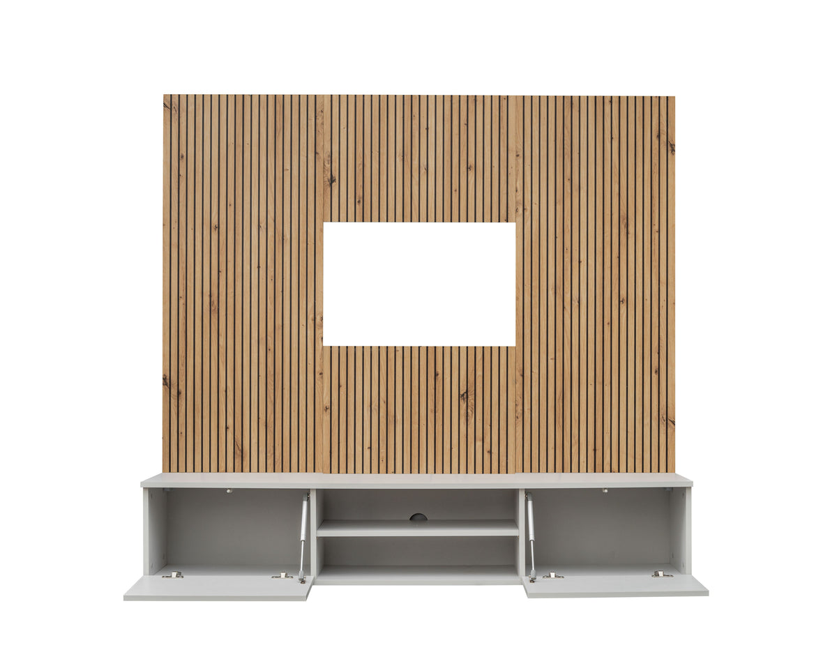 Media wall unit with wood slat back, central cutout, and open side compartments