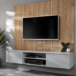 Media wall unit with mounted TV, white base, and vertical wood slat backdrop