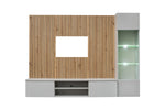 Wood slat media wall unit with gray TV console and LED-lit display cabinet