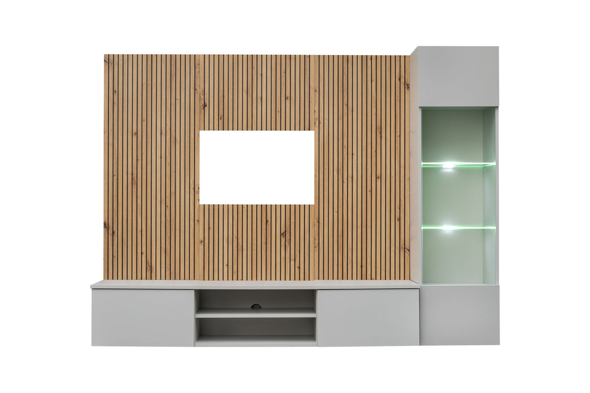 Wood slat media wall unit with gray TV console and LED-lit display cabinet