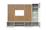 Wood slat media wall unit with gray open shelves and LED-lit glass cabinet