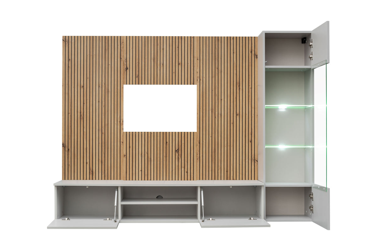Givi media wall unit with wood slat back, gray cabinets, open compartments and LED-lit shelf