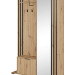 Wood hallway unit with tall mirror, side doors, and open cubby with hanging hooks