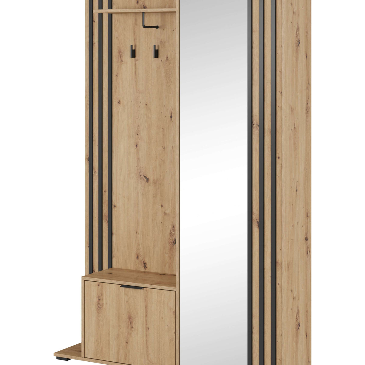 Wood hallway unit with tall mirror, side doors, and open cubby with hanging hooks