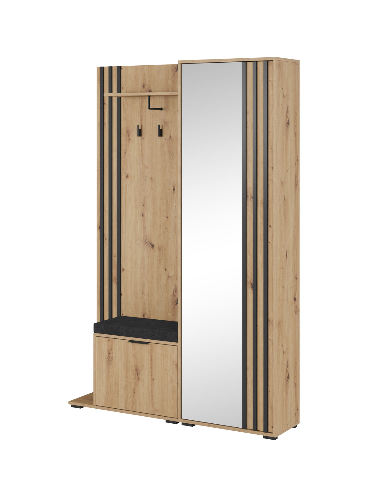 Wood hallway unit with tall mirror, lower bench shelf, and hanging coat hooks