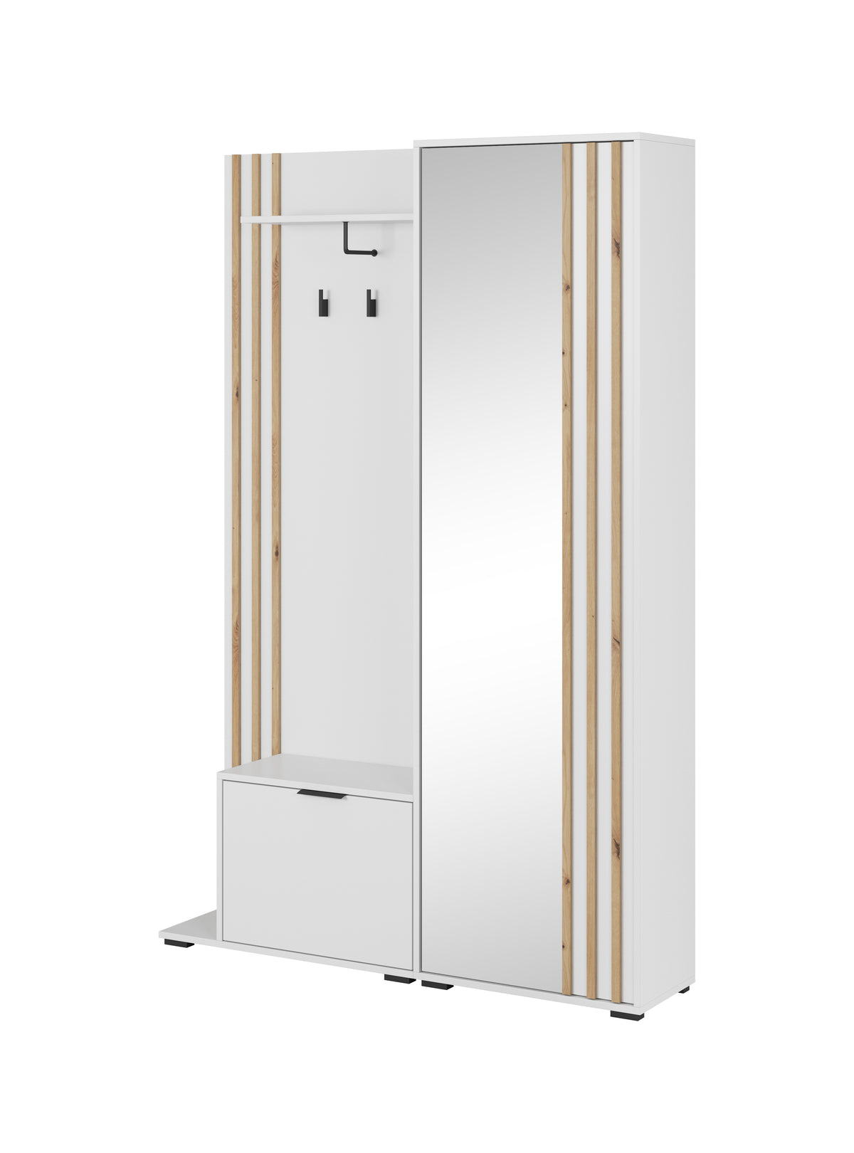 White hallway unit with tall mirror, side slats, and hanging coat hooks