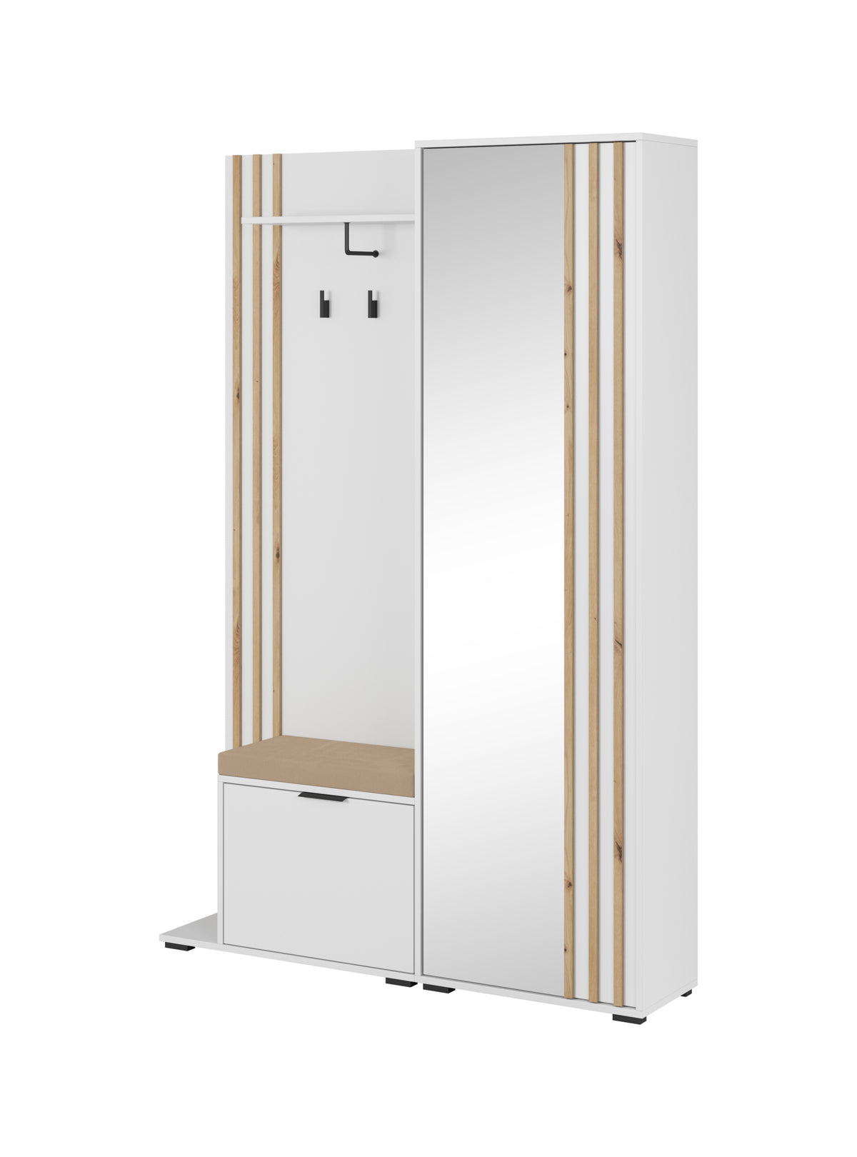 White hallway unit with tall mirror, open shelf base, and hanging coat hooks