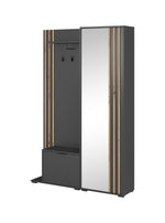 Anthracite hallway unit with tall mirror, side slats, and hanging coat hooks