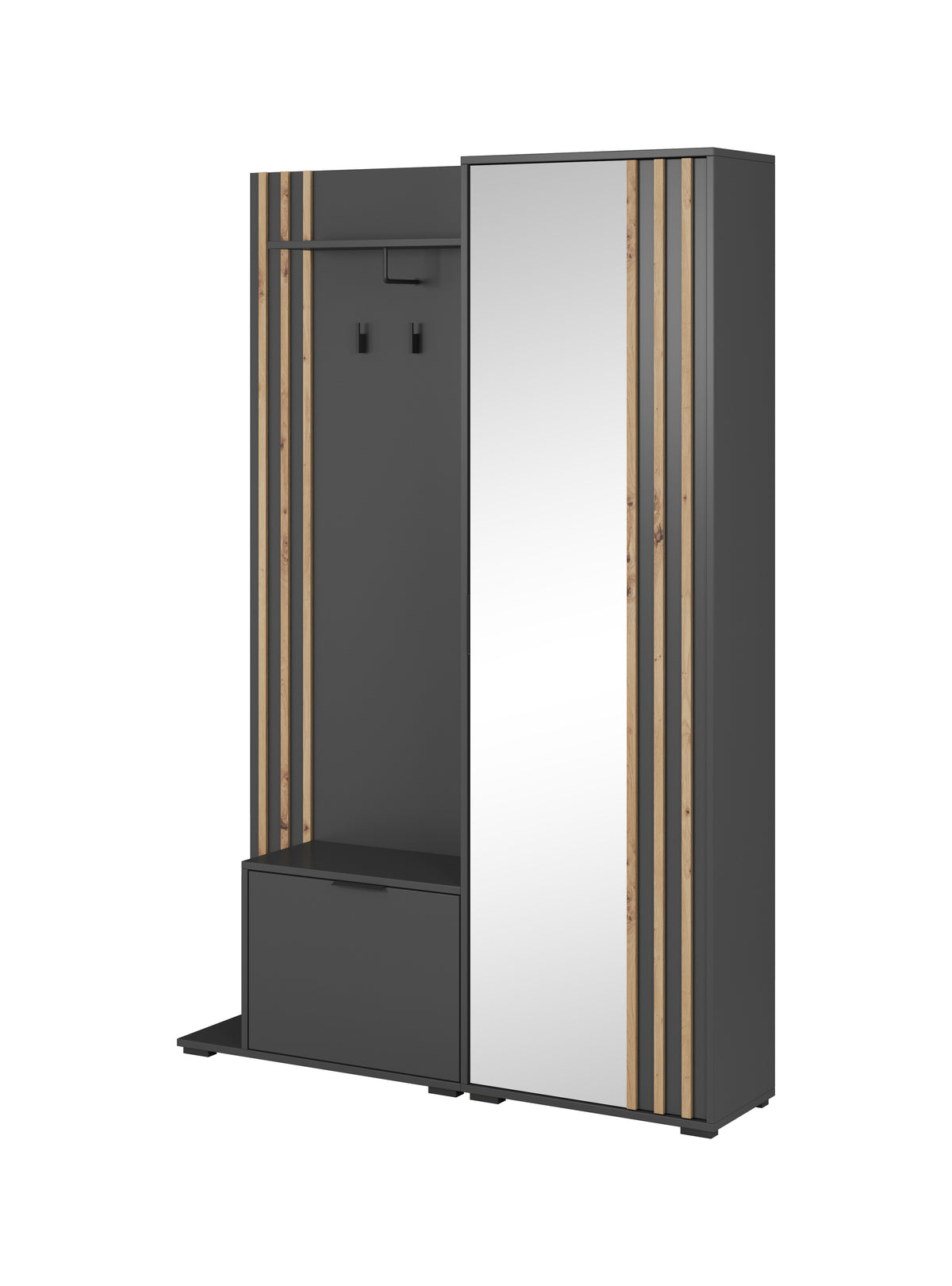 Anthracite hallway unit with tall mirror, side slats, and hanging coat hooks
