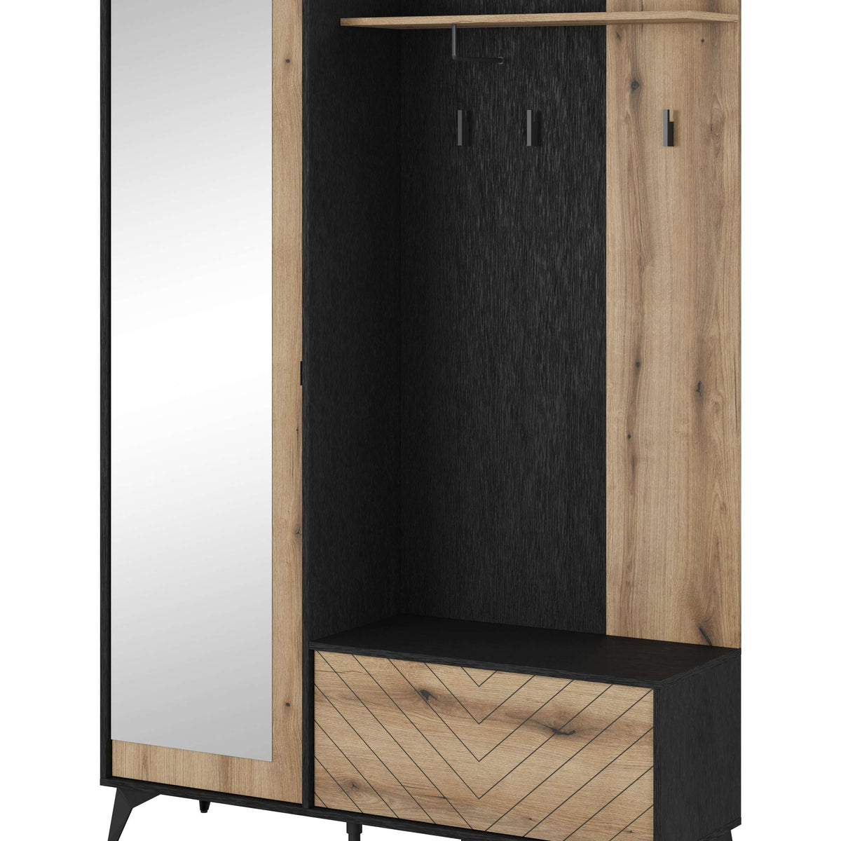 Wood and black hallway storage cabinet with mirrored door, open shelf, and chevron drawer