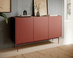 Ceramic red sideboard with three door panels and slim metal legs