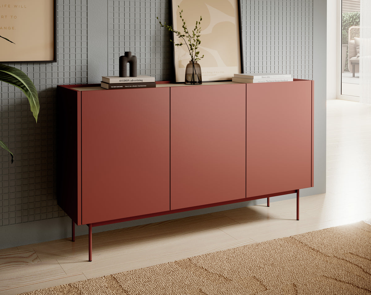 Ceramic red sideboard with three door panels and slim metal legs