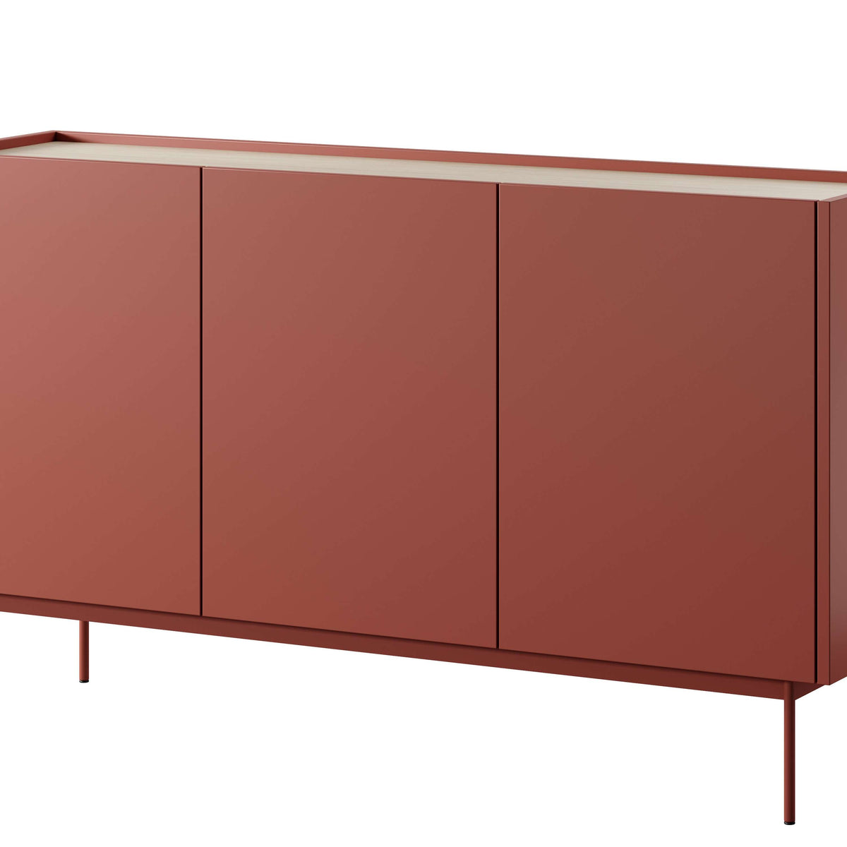 Ceramic red sideboard with four cabinet doors and slim metal legs