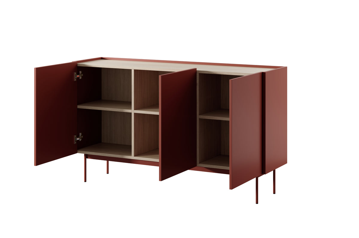 Ceramic red sideboard with open doors showing four shelves and interior compartments