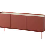Ceramic red TV cabinet with three front doors and slim metal legs