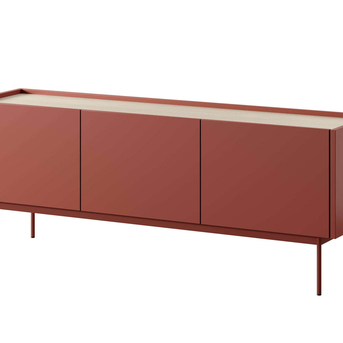 Ceramic red TV cabinet with three front doors and slim metal legs