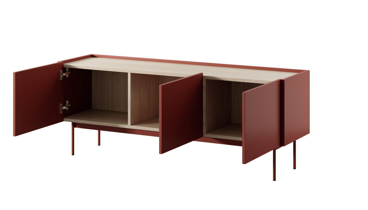 Ceramic red TV cabinet with open shelves and side doors, raised on metal legs