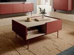 Ceramic Red coffee table with rectangular top, open storage shelf, and drawers