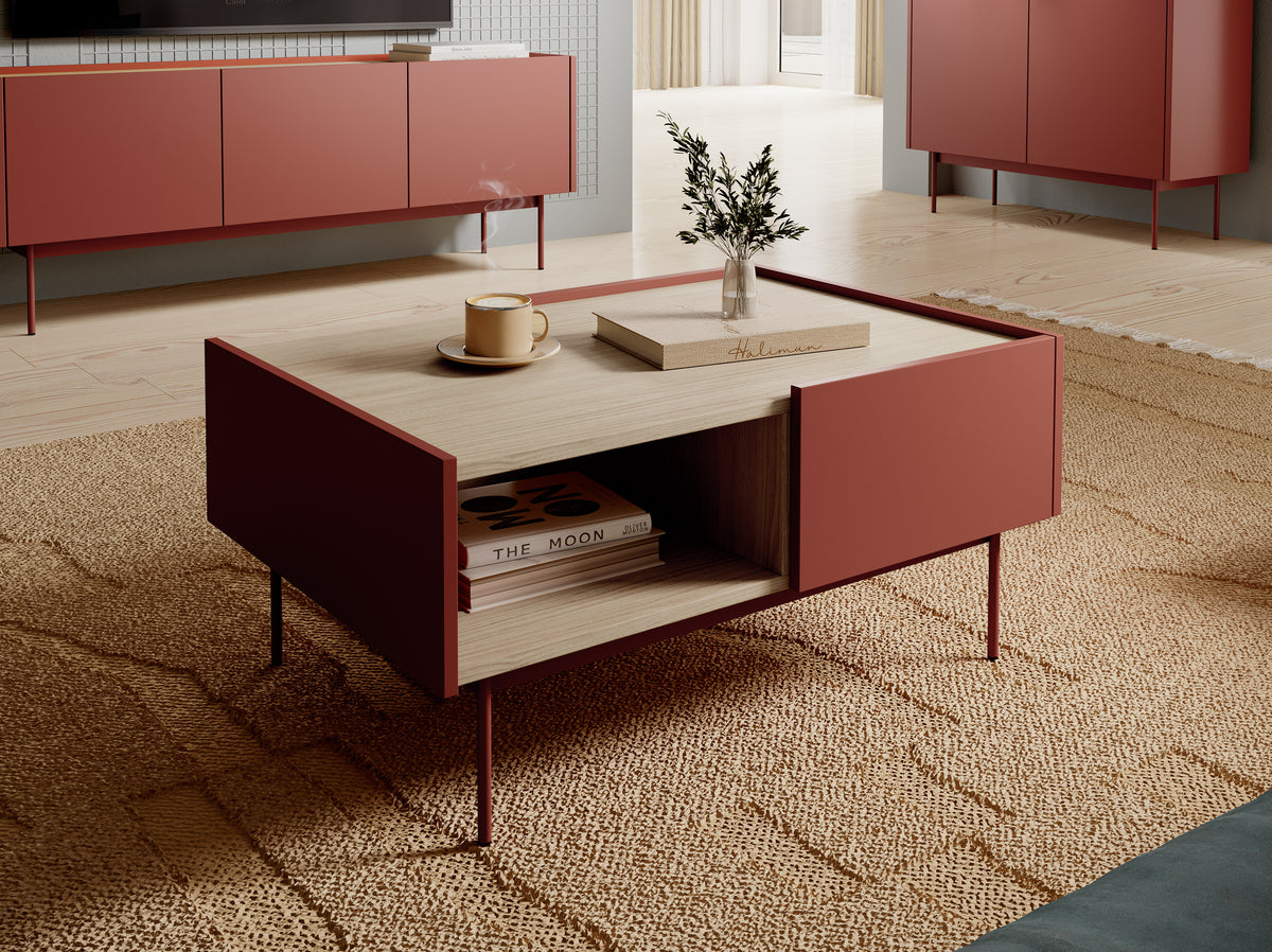 Ceramic Red coffee table with rectangular top, open storage shelf, and drawers