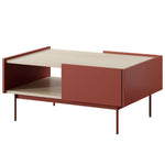 Ceramic Red coffee table with open center shelf and two drawer fronts