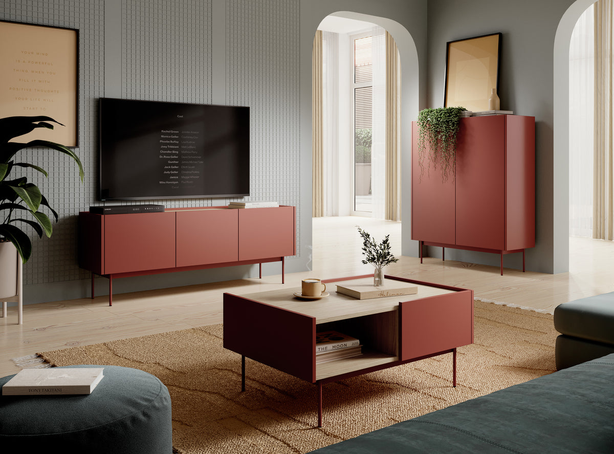 Ceramic Red coffee table with open shelf and two front drawer panels