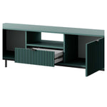 Green TV cabinet with two open side compartments and central storage drawer