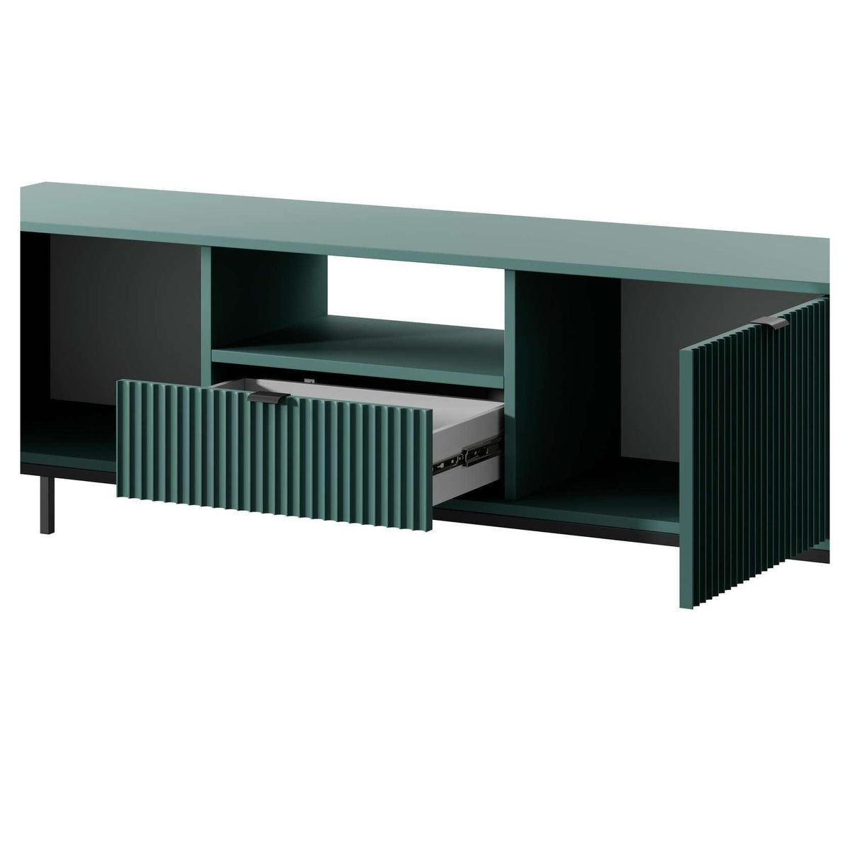 Green TV cabinet with two open side compartments and central storage drawer