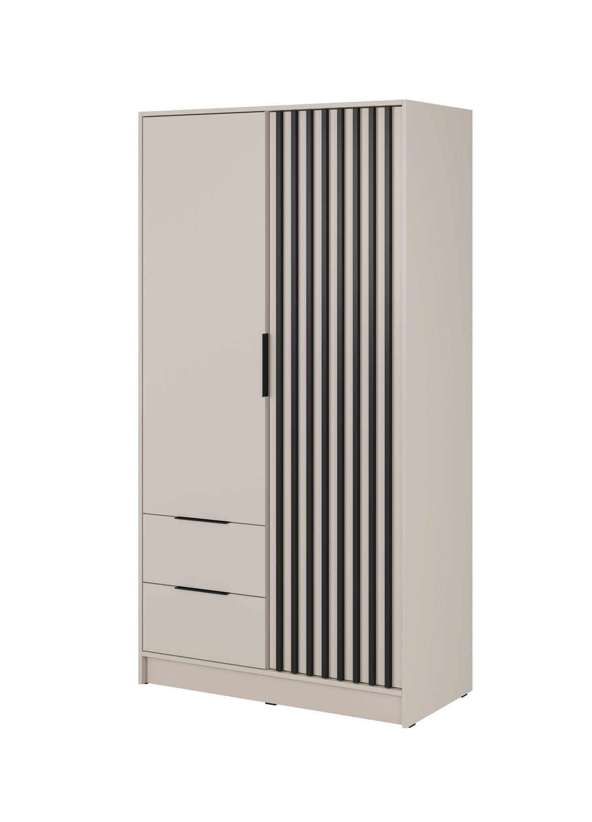 Cashmere-colored 2-door wardrobe with vertical slatted panel and black bar handle