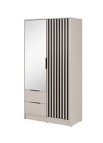 Two-door wardrobe with mirror; vertical slat door panel and two lower drawers in beige tones.