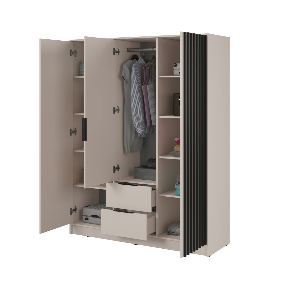 3-door wardrobe with mirror, open storage shelves, drawers, and hanging rail