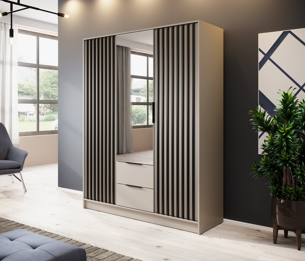 3-door wardrobe with mirrored doors and vertical ribbed panels, with drawer storage