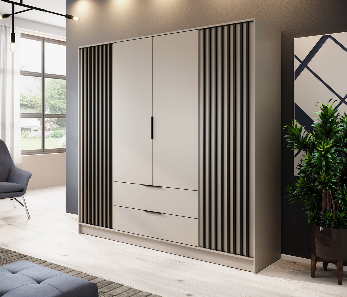 4-door wardrobe with closed doors and drawers, white panels with graphite vertical stripes