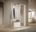 White hallway unit with tall open mirror, coat hooks, and lower storage cabinet