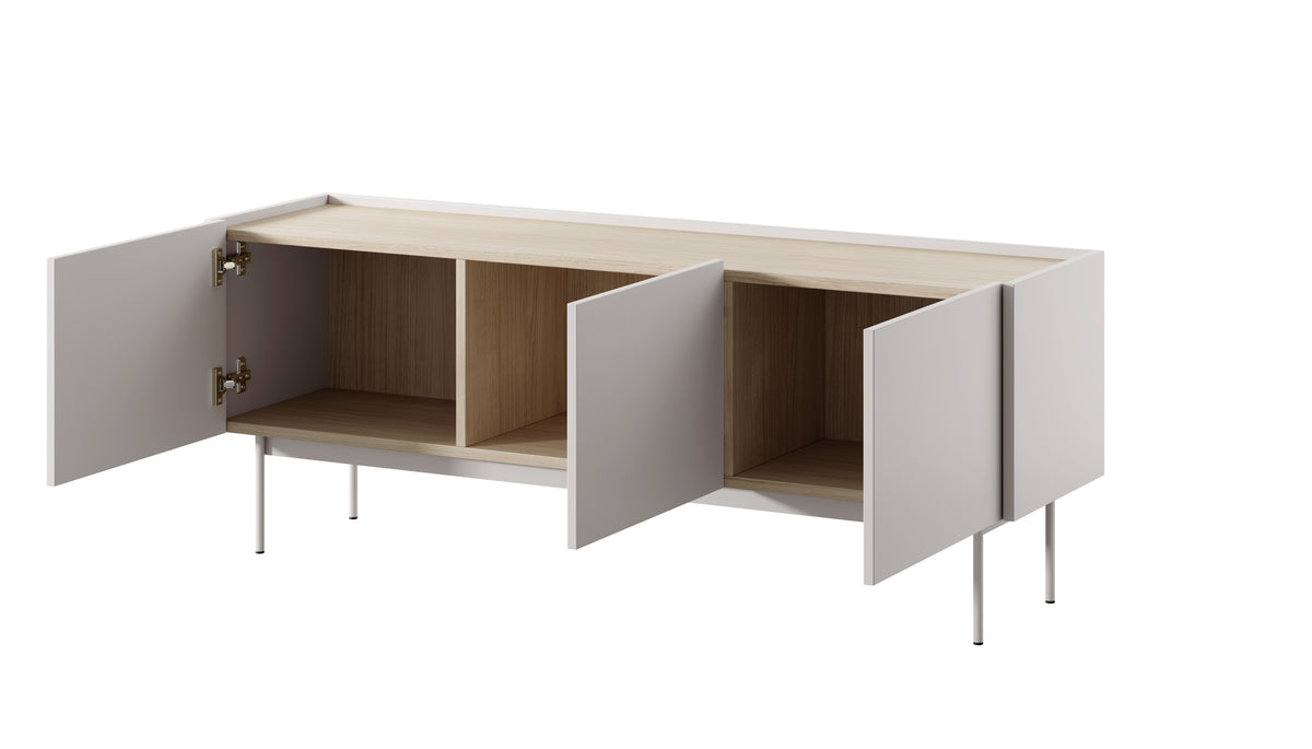 Cashmere TV cabinet with open shelves and side doors, supported by metal legs