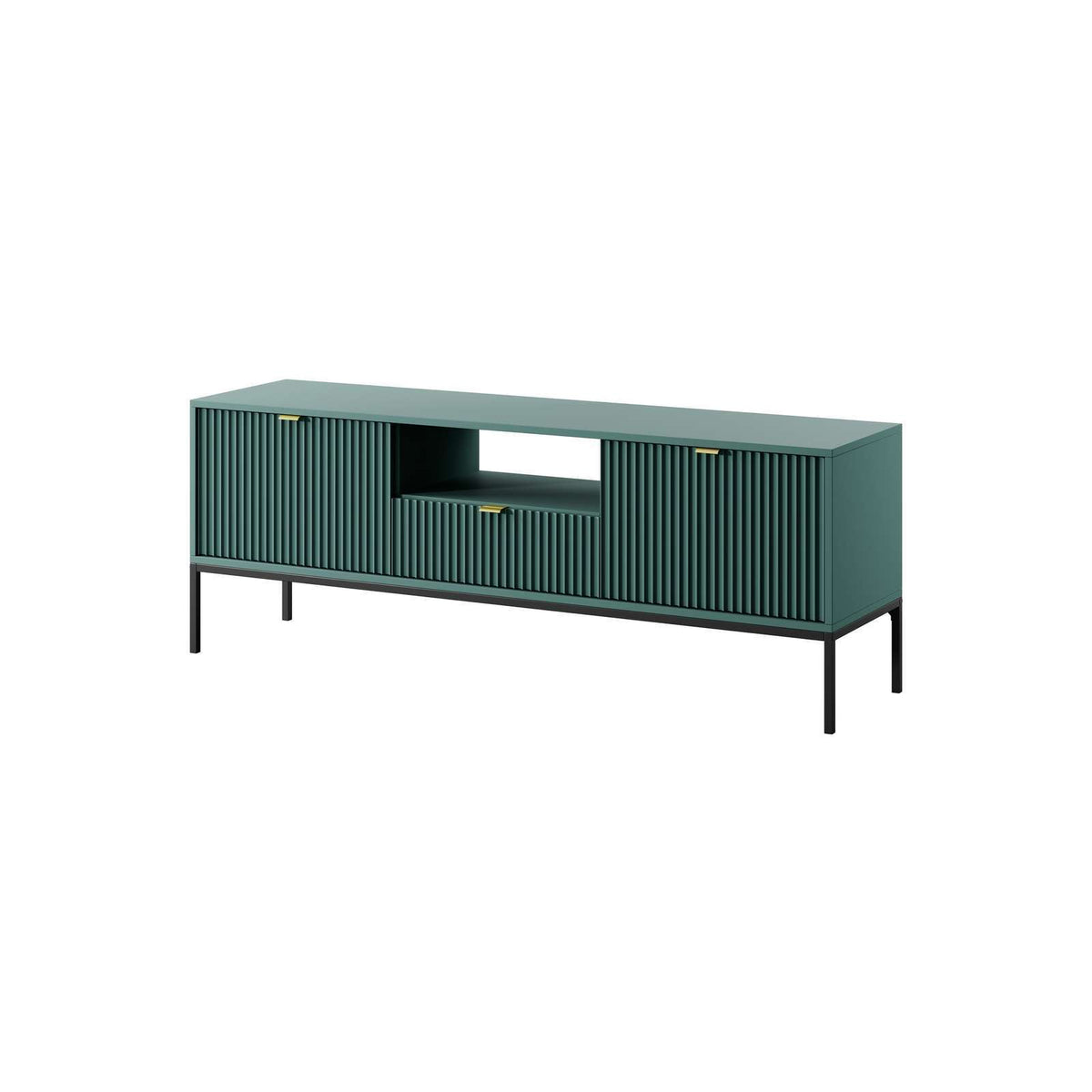 Green TV cabinet with ribbed doors and open center shelf