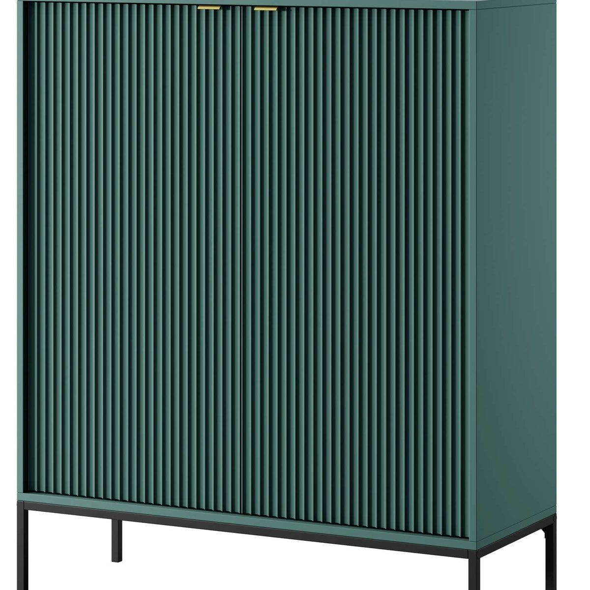 Teal 2-door highboard cabinet with vertical ribbed doors and black legs