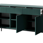 Green ribbed sideboard with open compartments and shelves, gold bar handles