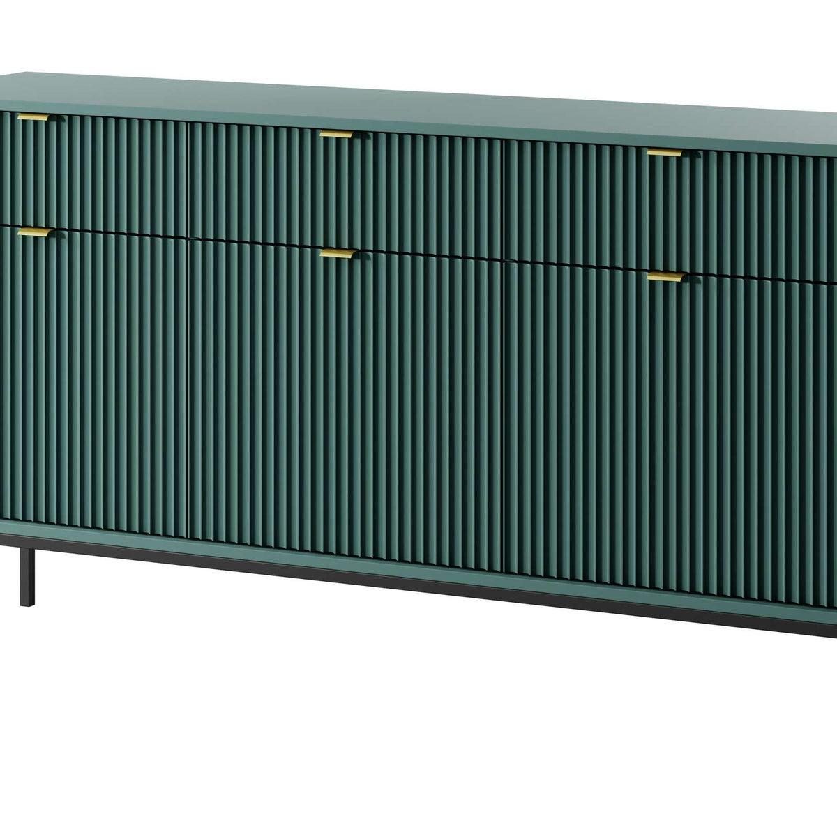 Green ribbed sideboard with three doors and gold bar handles, black leg base