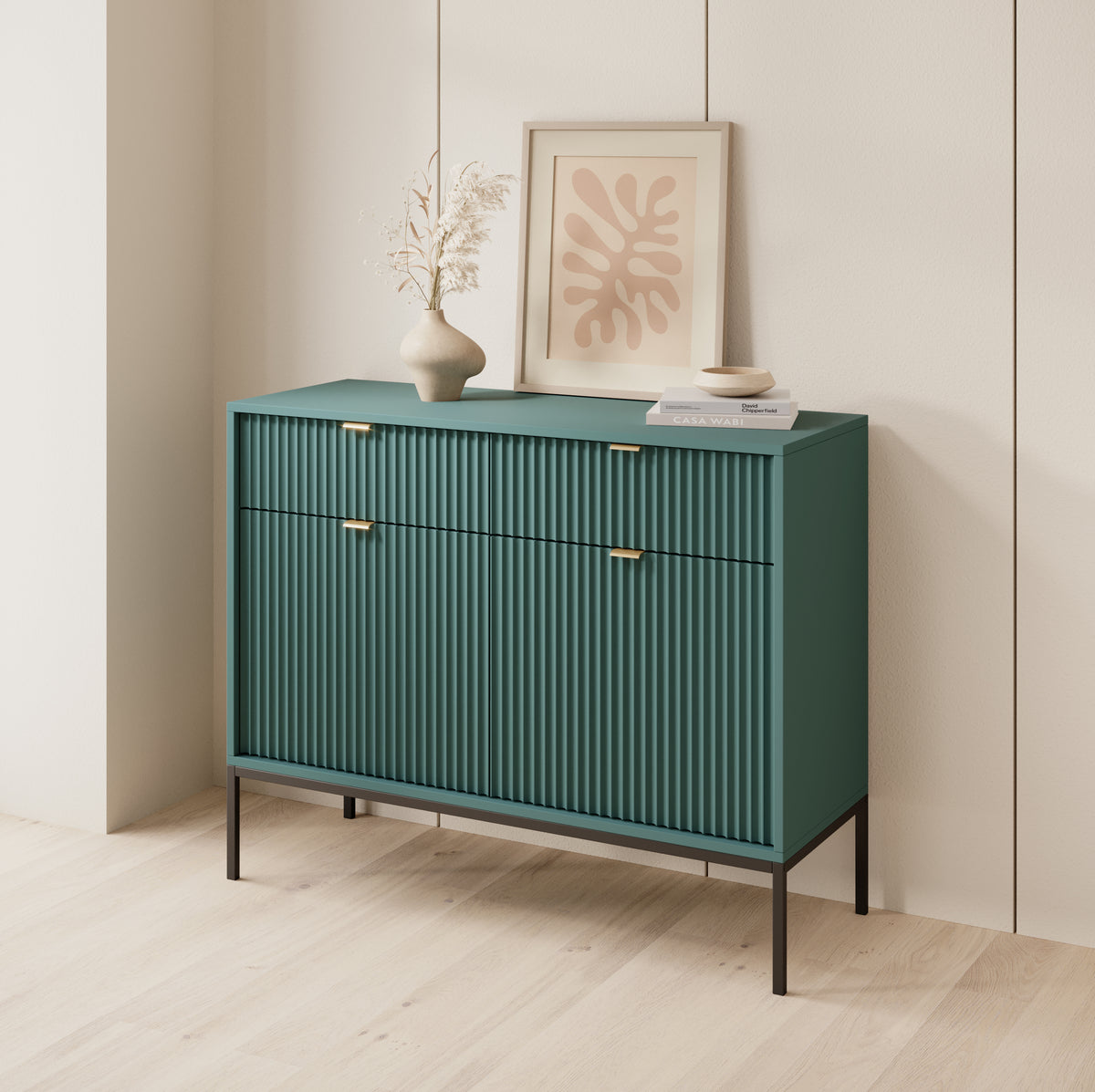 Green sideboard cabinet with 2 drawers and 2 slatted doors, gold handles, metal legs