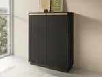Black 2-door highboard with vertical ribbed cabinet doors and gold-tone top bar
