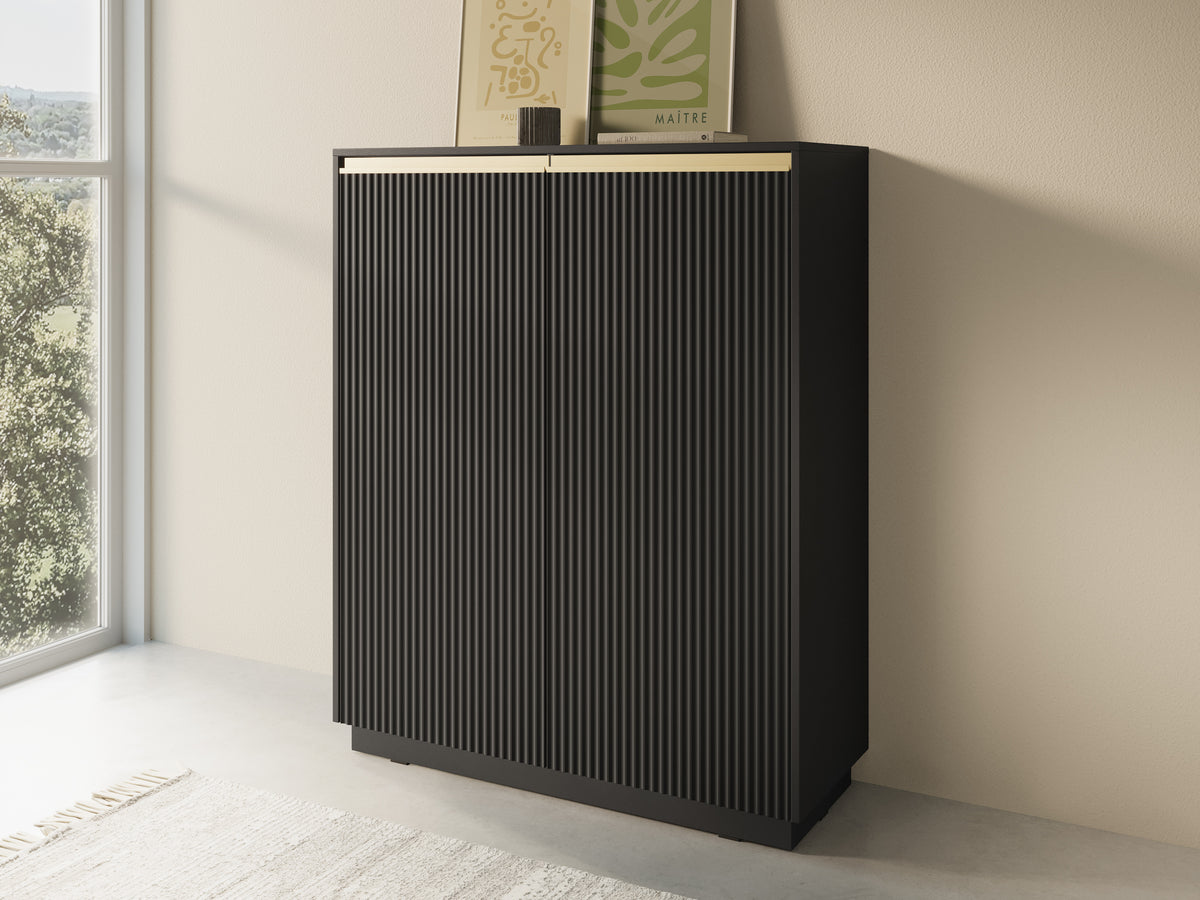 Black 2-door highboard with vertical ribbed cabinet doors and gold-tone top bar